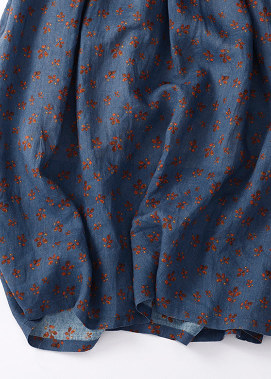 Navy Blue Ruffled Patchwork Print Drawstring Maxi Dresses Short Sleeve