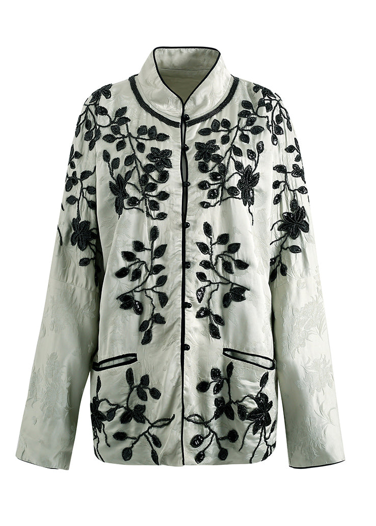 Original Stand Collar Embroideried Silk Two Piece Suit Set Fall