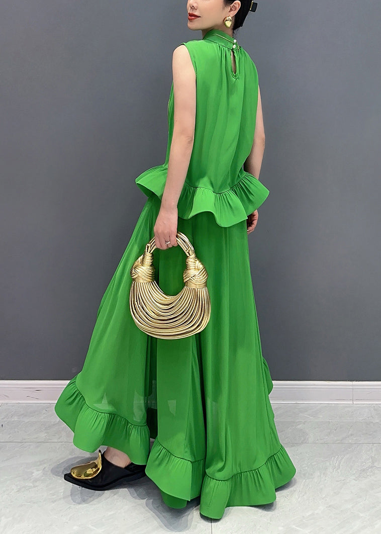 Organic Green O-neck Ruffled Top and Maxi Skirts Two Piece Set Sleeveless