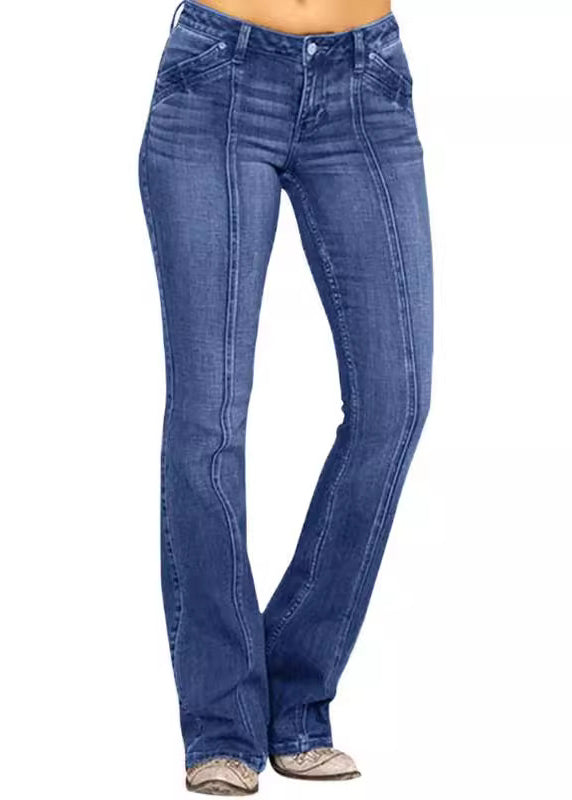 New Denim Blue Button Pockets Flare Bottoms Summer