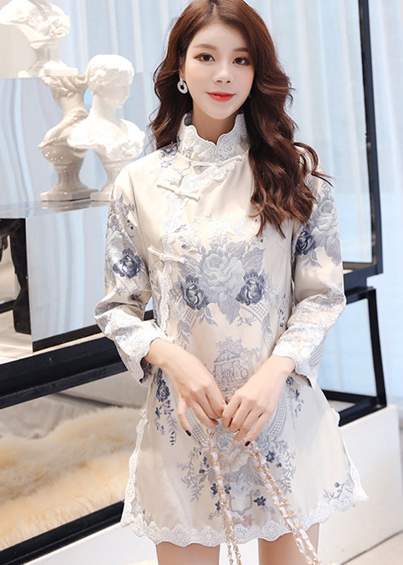 Stand Collar Embroideried Button Lace Patchwork Top Long Sleeve