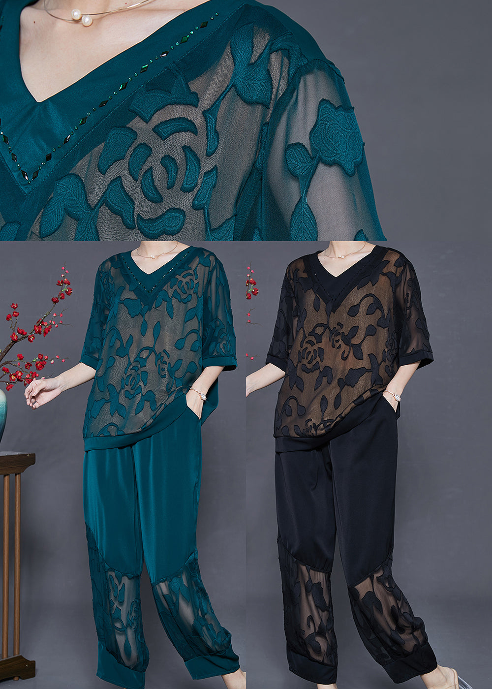 Dull Green Oversized Patchwork Silk Two Piece Set Summer