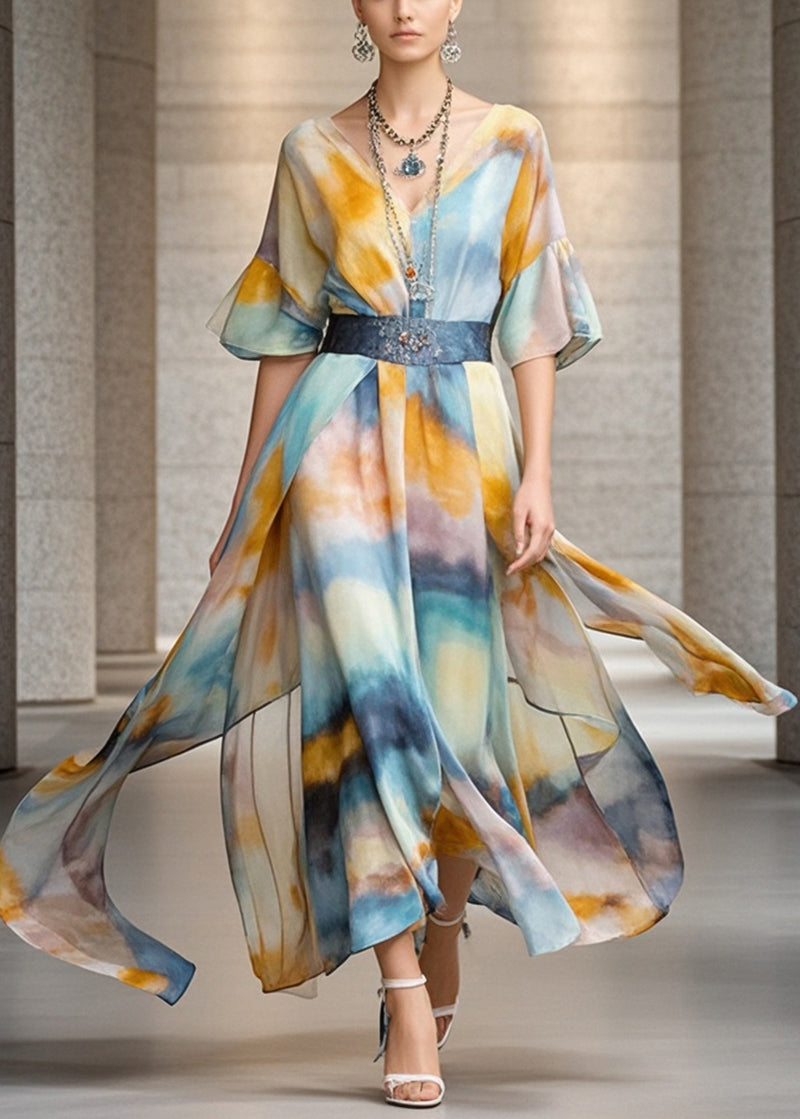 Khaki Cinched Tie Dye Chiffon Vacation Dresses Summer