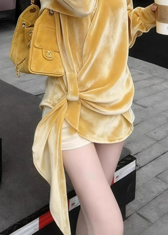 New Yellow Peter Pan Collar Silk Velour Shirt Spring