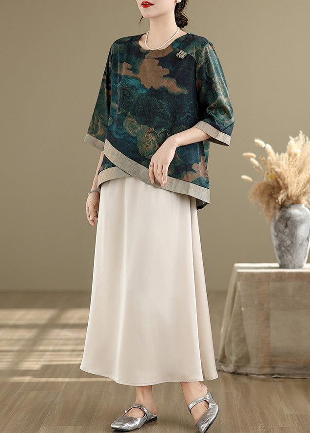 Green Asymmetrical Print Silk Blouses Half Sleeve Fall