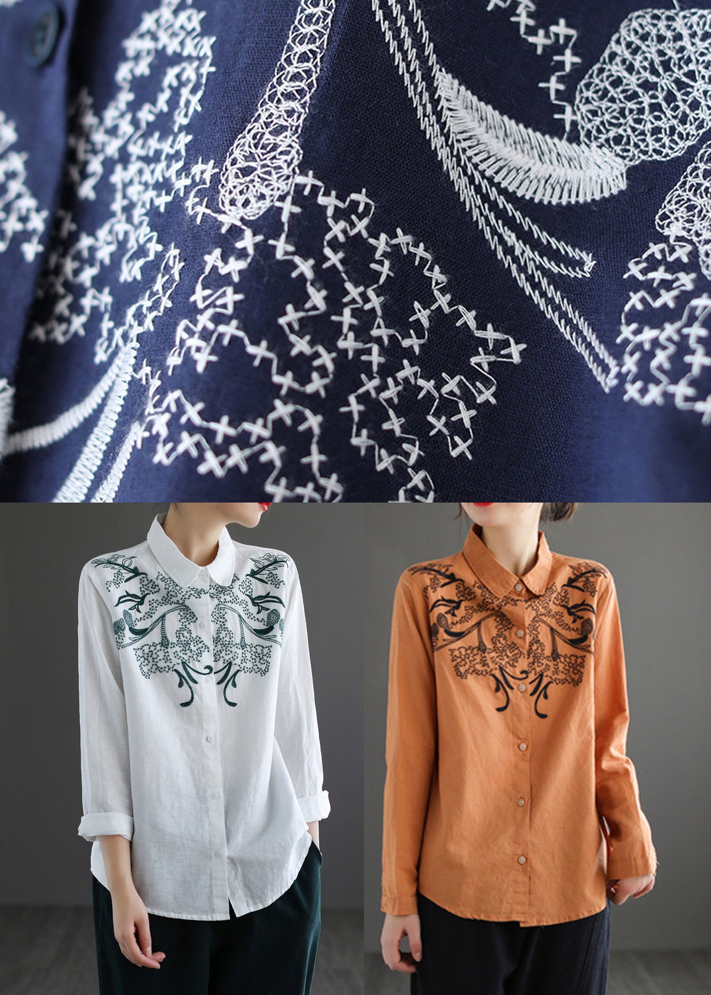 Orange Turn-down Collar Embroideried Cotton Shirt Top Long Sleeve