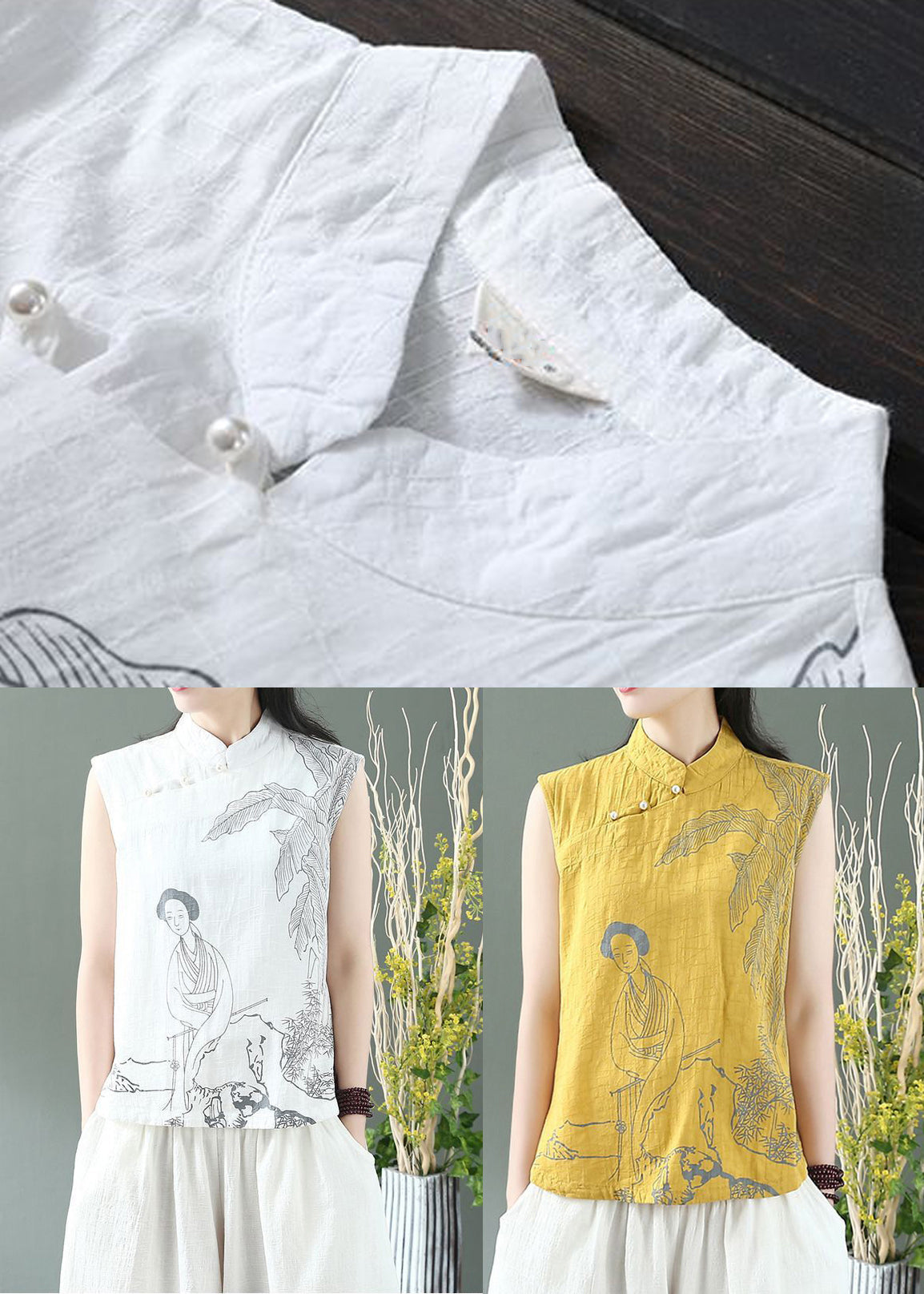 Handmade Yellow Mandarin Collar Linen Blouses Top Sleeveless