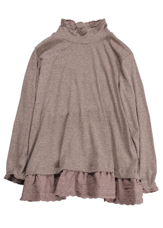 Chocolate Stand Collar Patchwork Ruffles Cotton Tops Spring