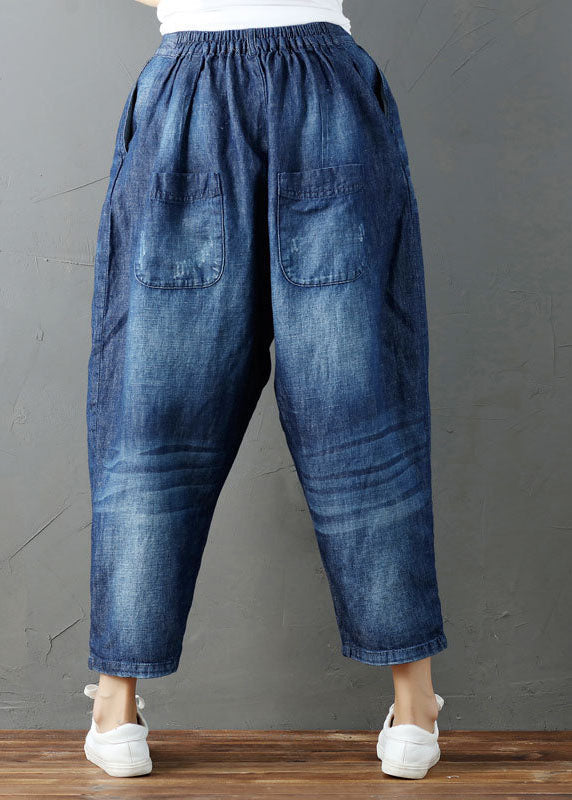 Blue Pockets Elastic Waist Denim Harem Pants Summer