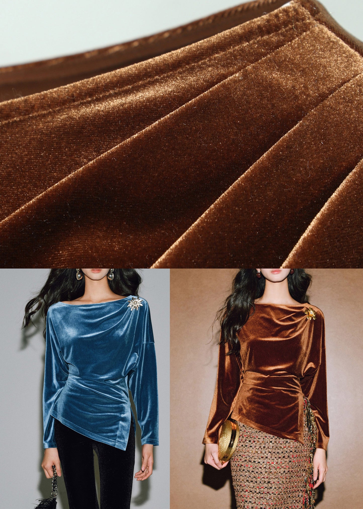 Peacock Blue O-neck Asymmetrical Silk Velour Tops Long Sleeve