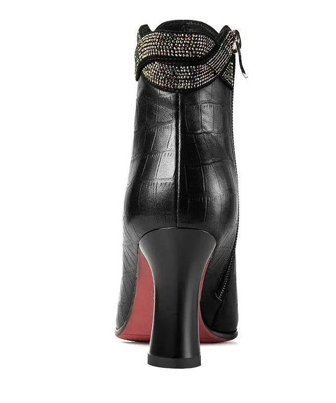 Black Pointed Toe Cowhide Leather Boots Splicing Zircon