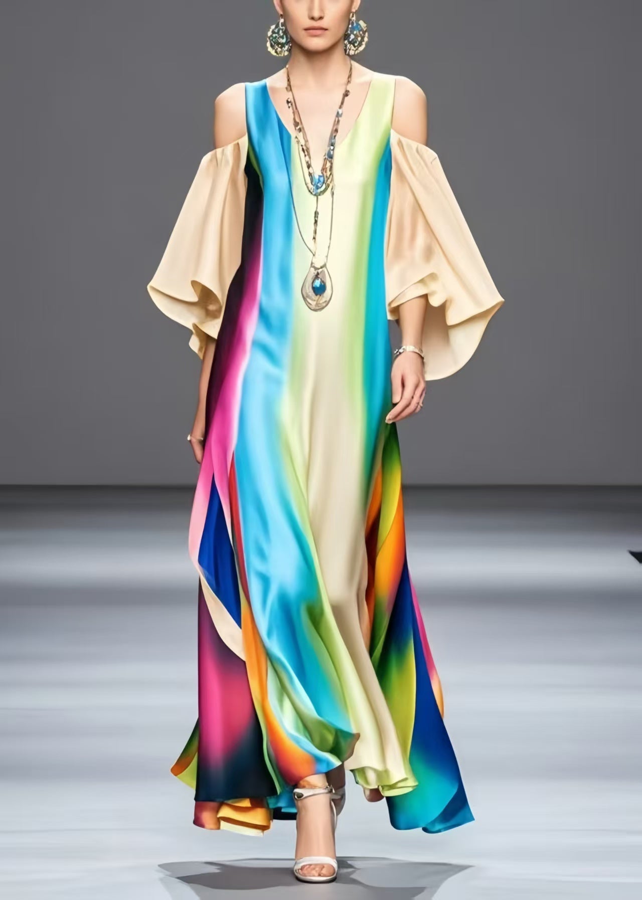 Organic Rainbow Cold Shoulder Tie Dye Silk Vestidos Dress Petal Sleeve