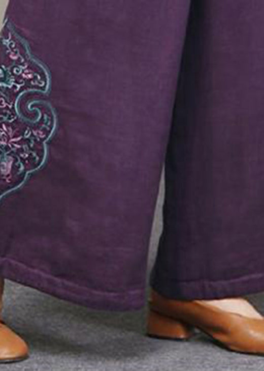 Loose Purple Pockets Embroideried Thick Wide Leg Fall Pant