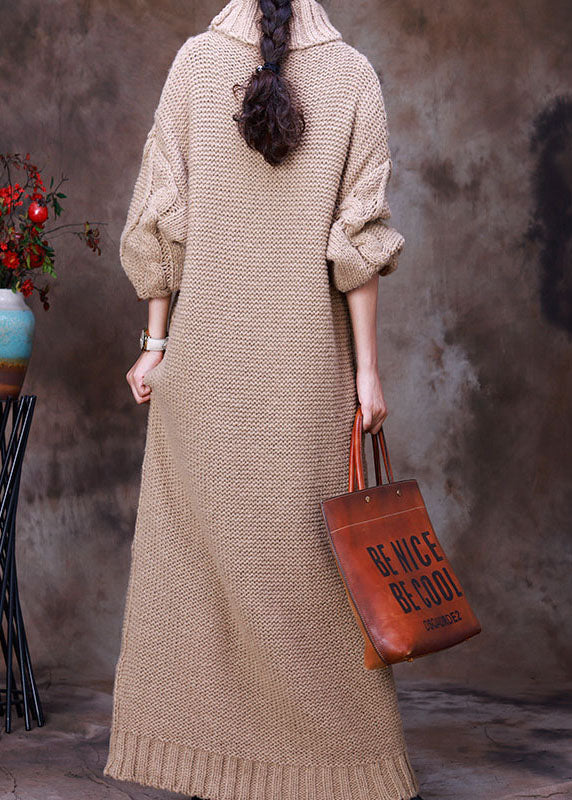 French Khaki Turtle Neck Hollow Out Knit Winter Sweater Dress