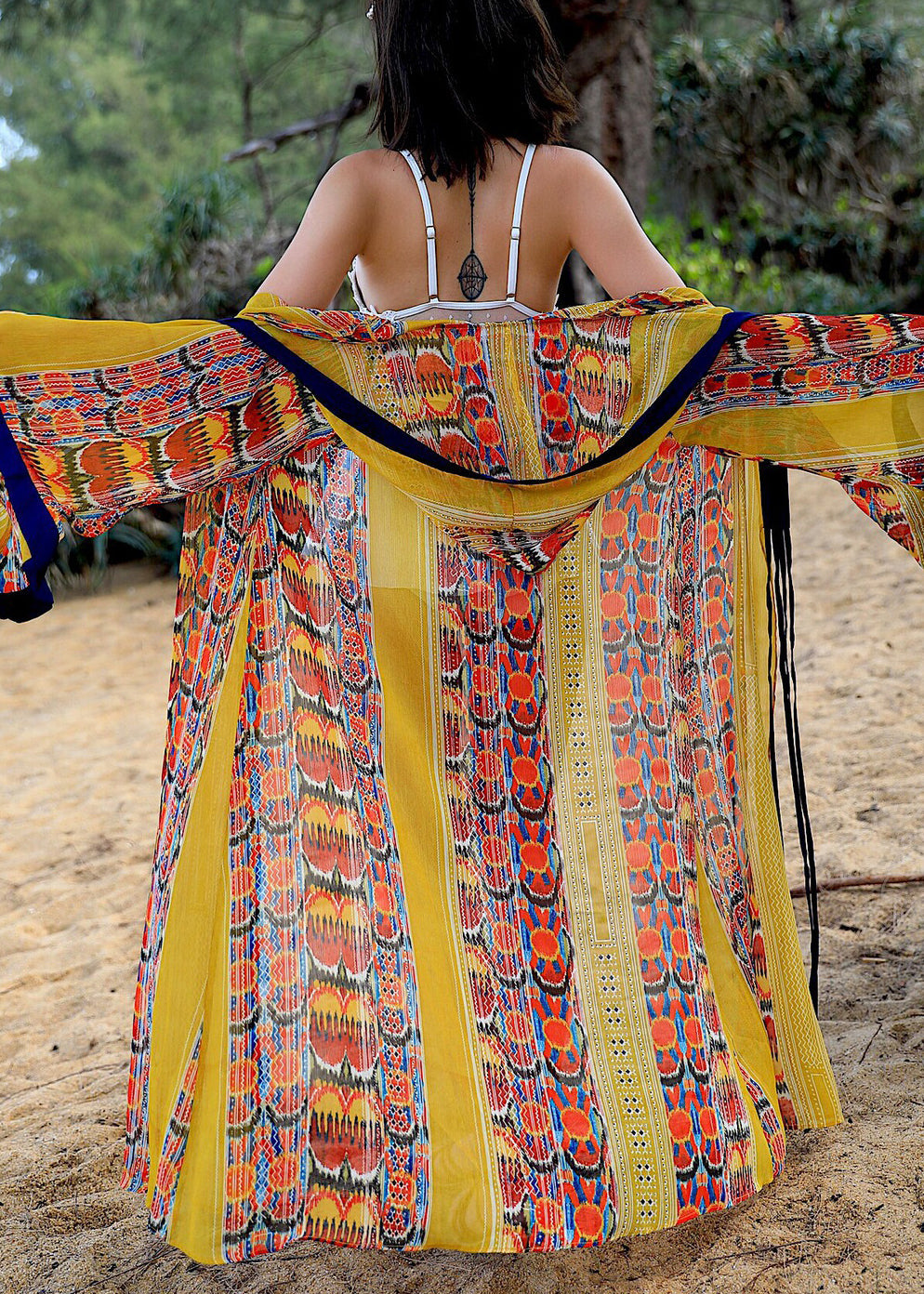 Yellow Hooded Print Chiffon Long Cardigan Flare Sleeve