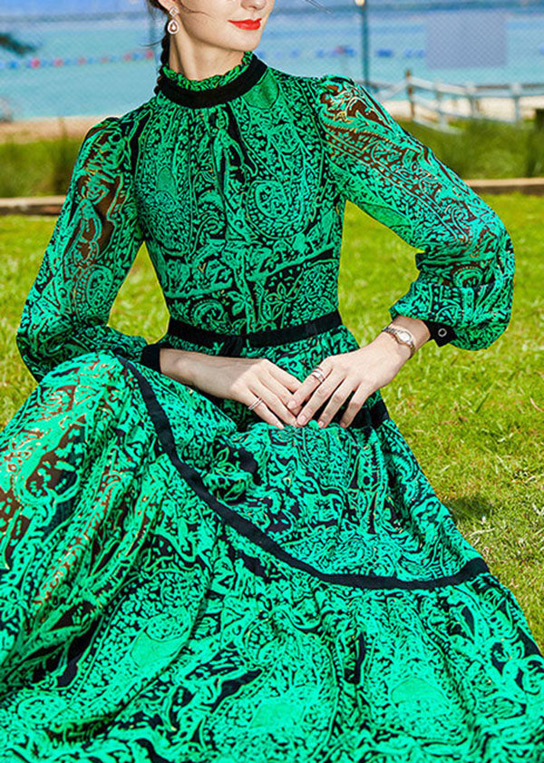 Green Stand Collar Patchwork Print Chiffon Cinch Dresses Spring