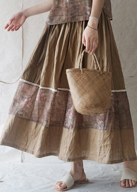 Natural Green Elastic Waist Drawstring Print Patchwork Linen Skirt Spring
