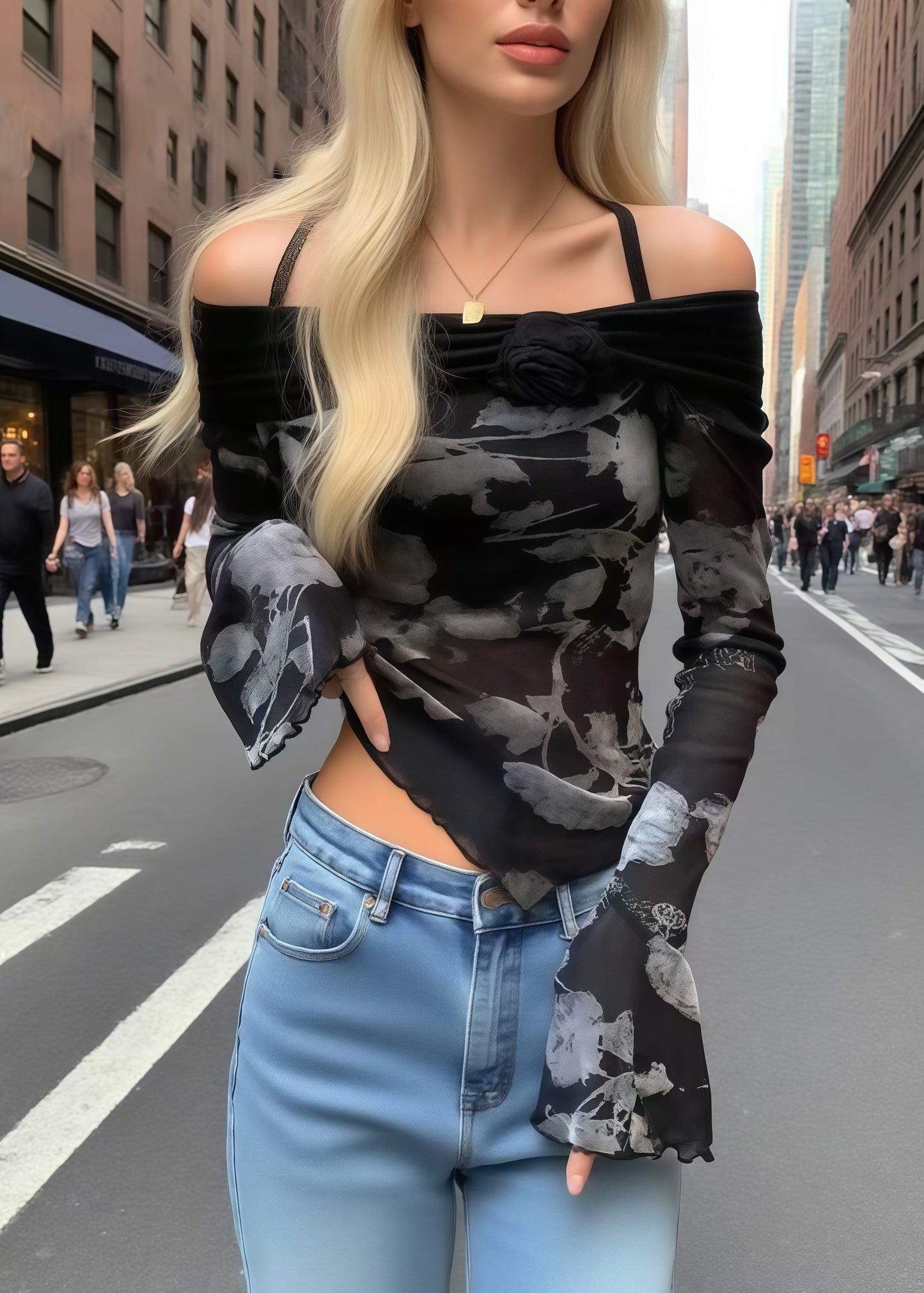 Black Print Flower Decorated Cold Shoulder Tops Summer