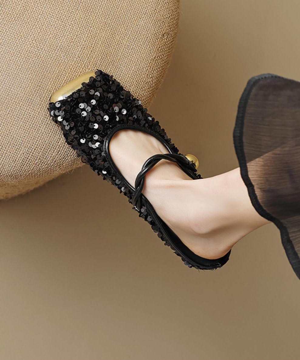 Black Sequins Buckle Strap Splicing Slide Sandals