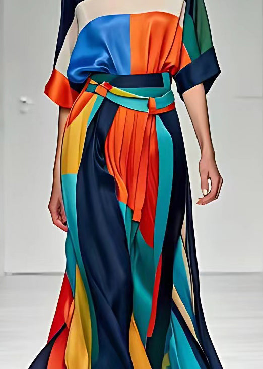 French Print Tops and High Waist Skirts Silk Dress Half Sleeve
