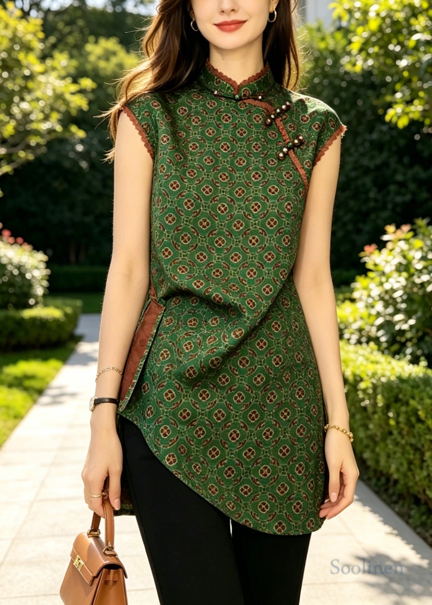 Green Asymmetrical Print Silk Oriental Vest Tops Sleeveless