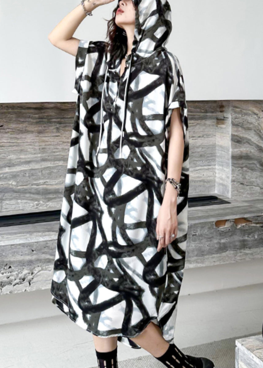 Black Hooded Print Patchwork Silk Cotton Long Dress Summer