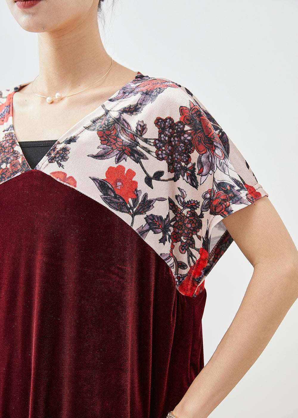 Mulberry V Neck Patchwork Silk Velour Party Dress Short Sleeve