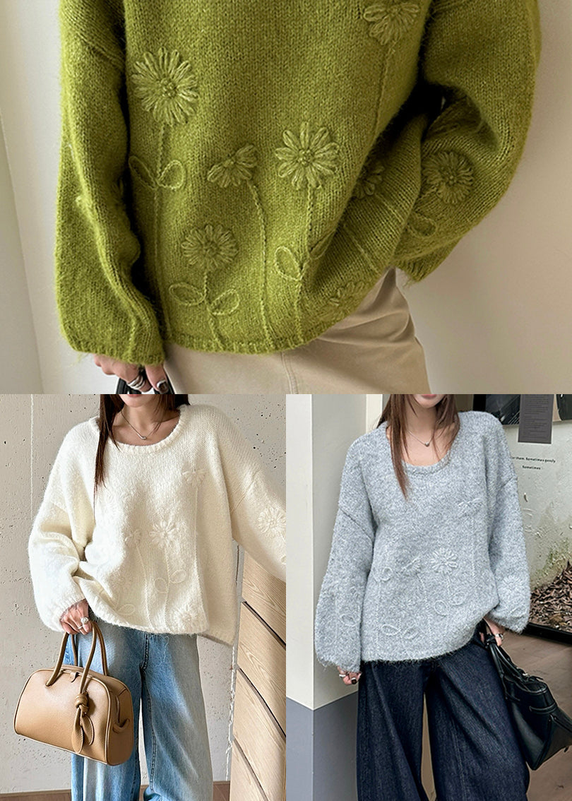 Grey Jacquard Thic Knit Sweater Tops Winter