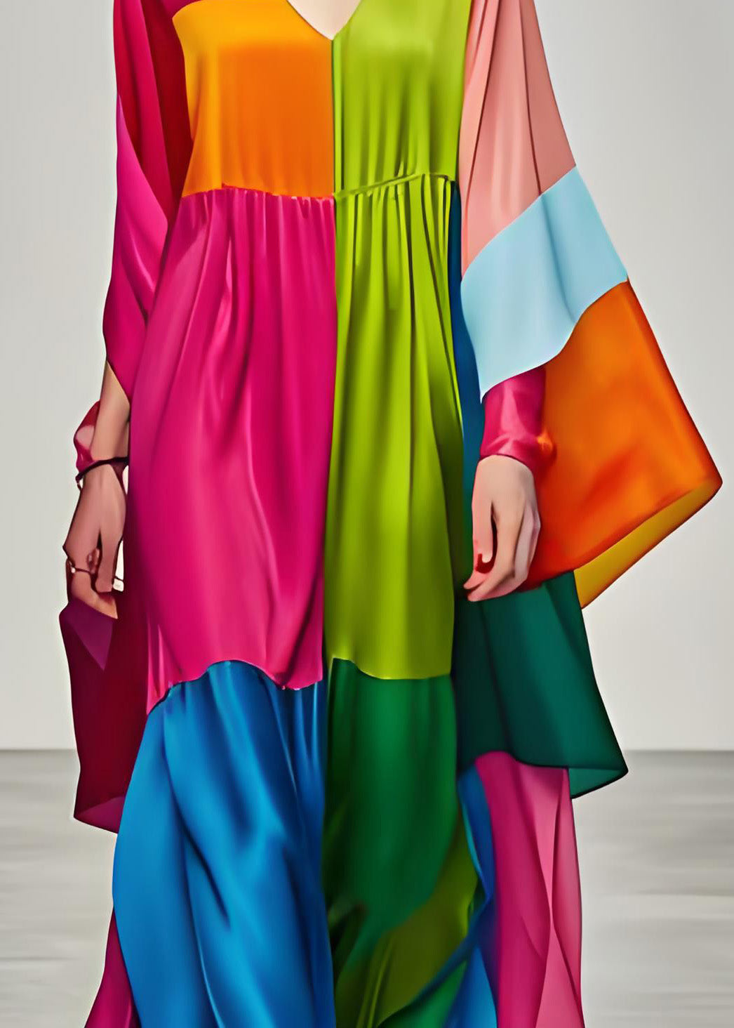 Colorblock V Neck Patchwork Silk Long Dress Summer