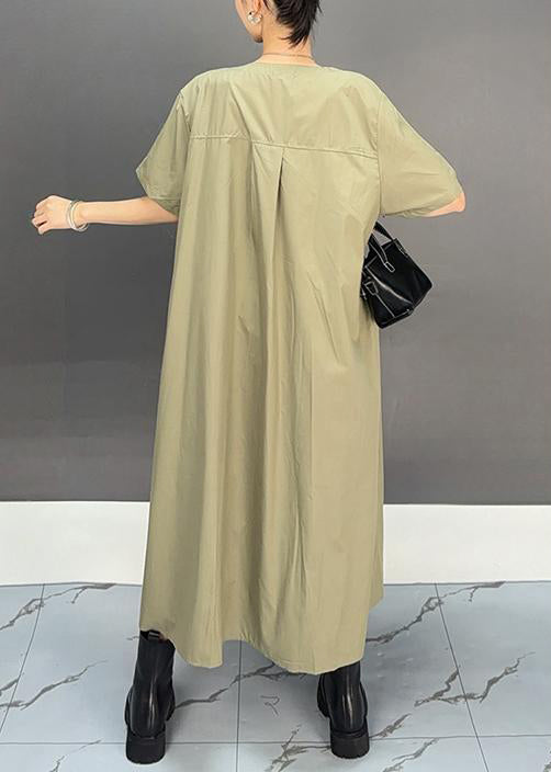 Loose Khaki O Neck Patchwork Cotton Dress Summer