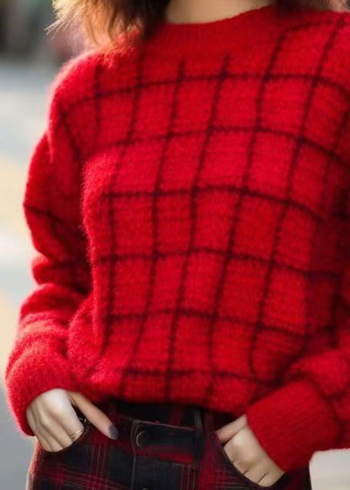 Red O Neck Cozy Cotton Knit Sweaters Long Sleeve
