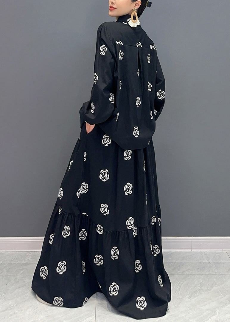 Boutique Black Stand Collar Print Patchwork Cotton Two-piece Set Fall