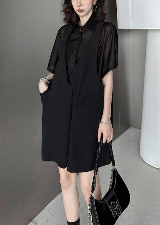 Black Pockets Patchwork Falsetwo Pieces Cotton Mid Dress Summer
