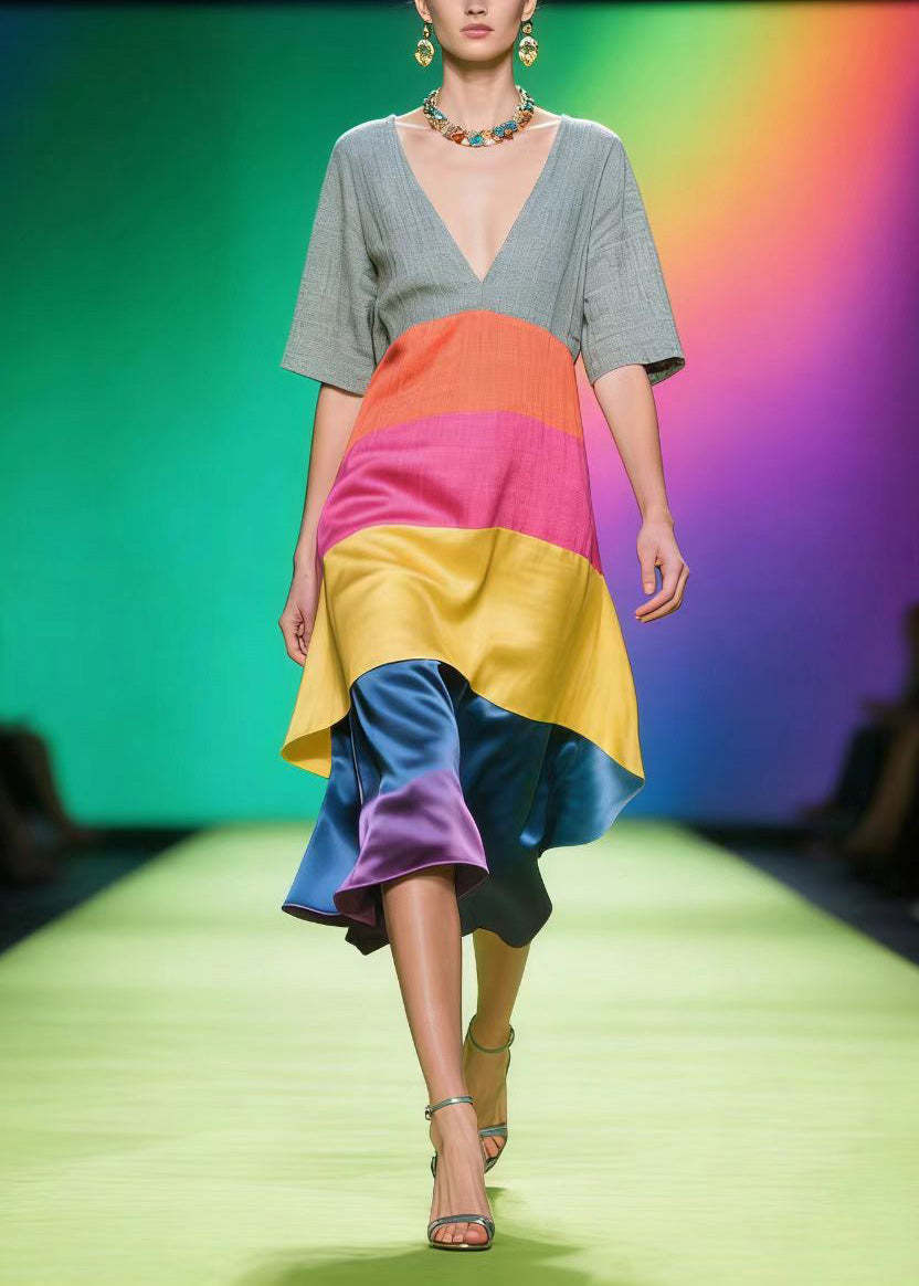 Colorblock V Neck Patchwork Linen Silk Dress Summer