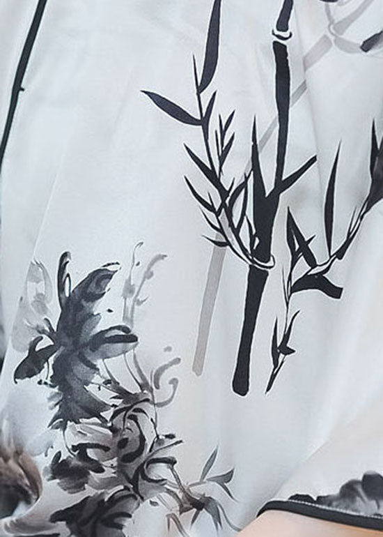 Chinese Style White Stand Collar Button Print Silk Top Spring