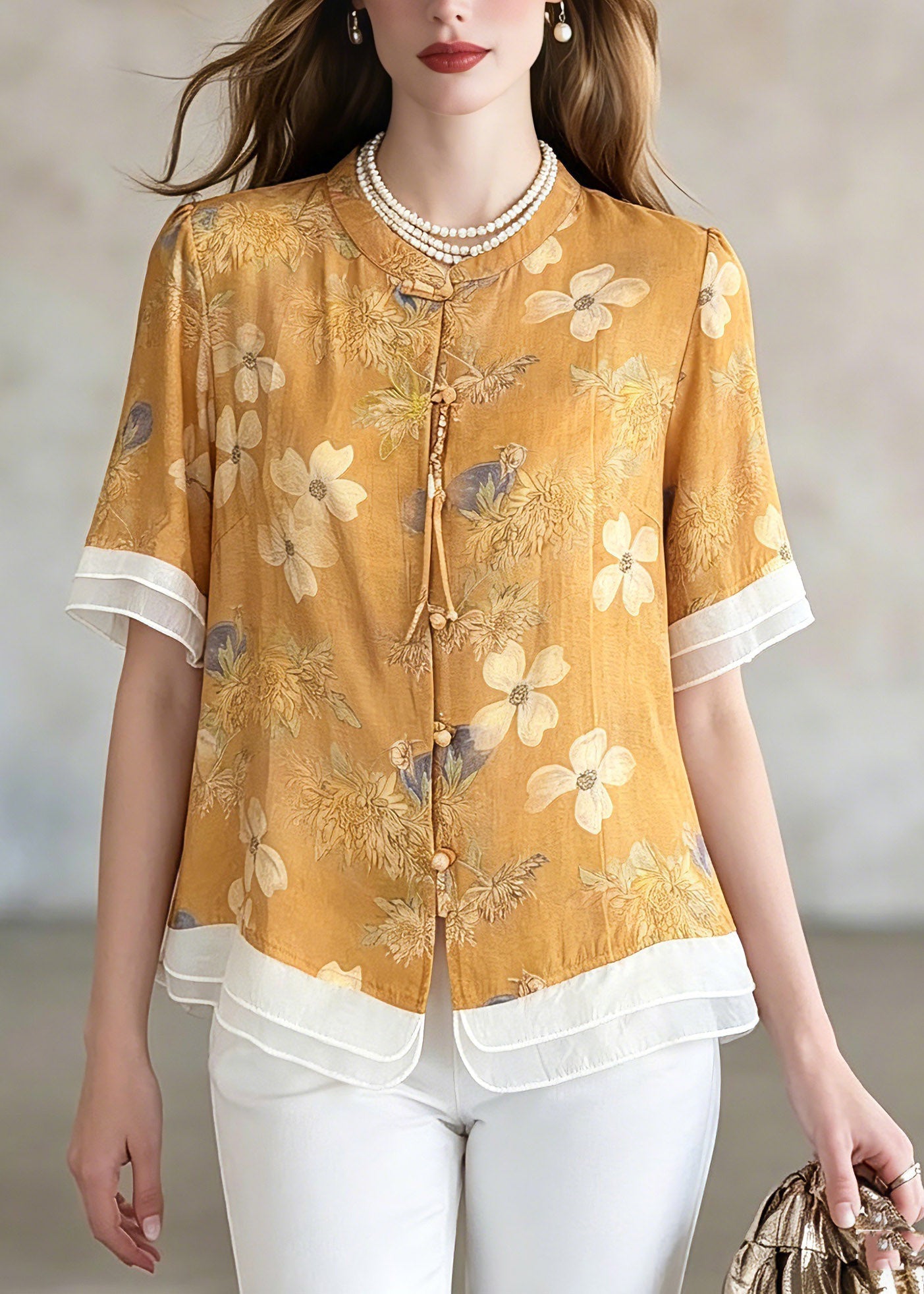Yellow Print Shirts Short Sleeve Summer