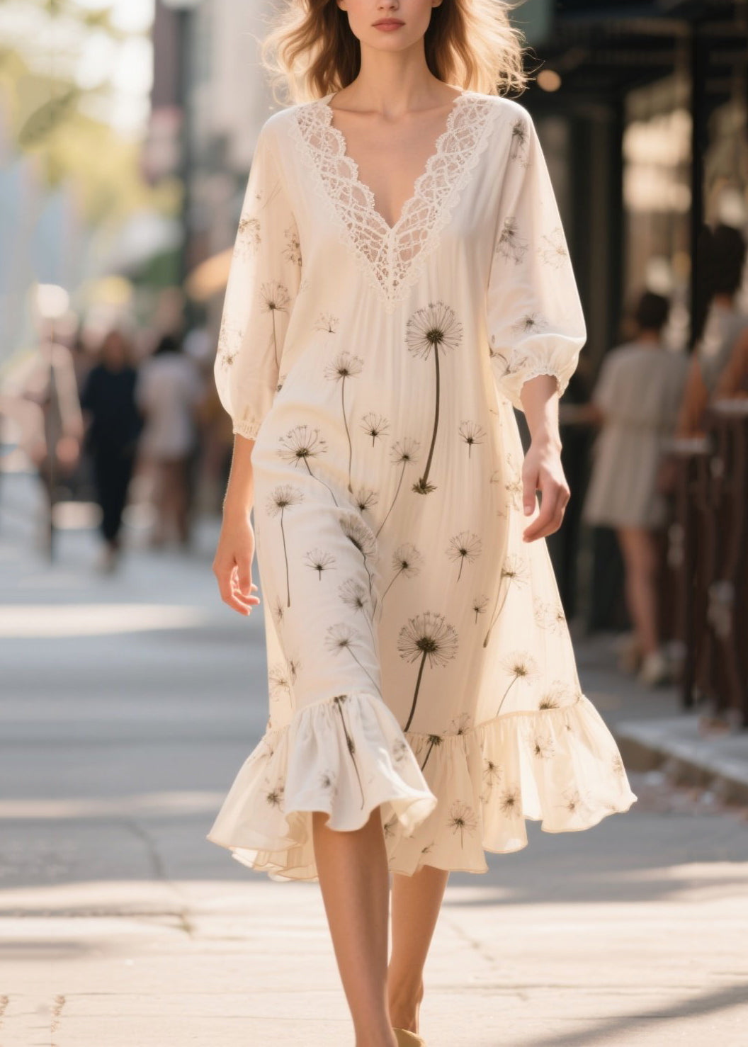 White Print Patchwork Chiffon Long Dress Bracelet Sleeve