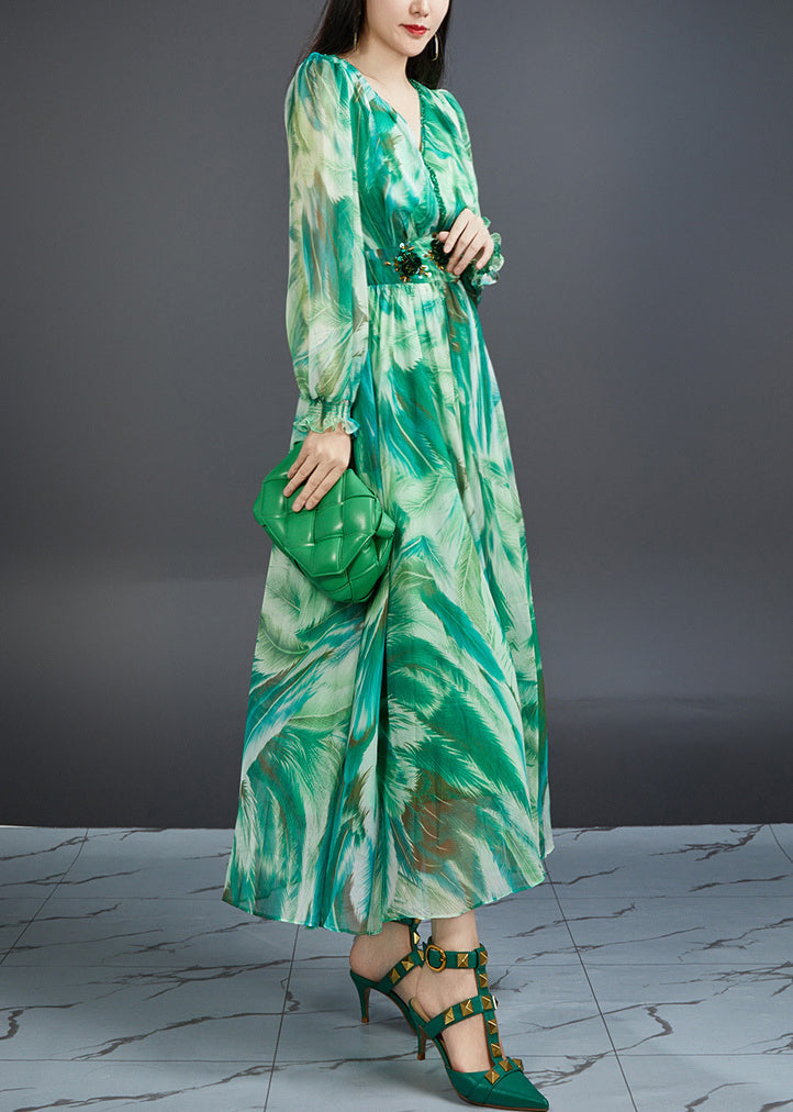Green V Neck Print High Waist Chiffon Dress Butterfly Sleeve