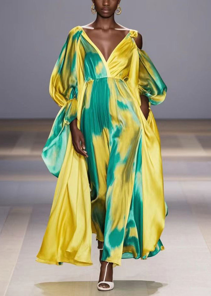 Yellow Asymmetrical Tie Dye One Shoulder Party Dress Fall