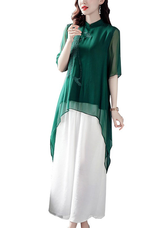 Blackish Green Stand Collar Silk Top and Crop Pantstwo Pieces Set Fall