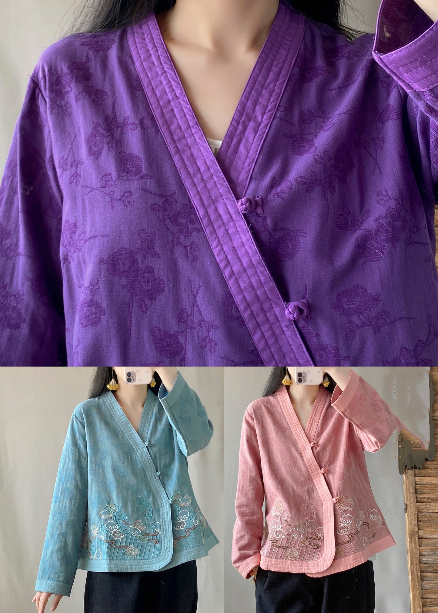 Handmade Purple Embroideried Tops Long Sleeve