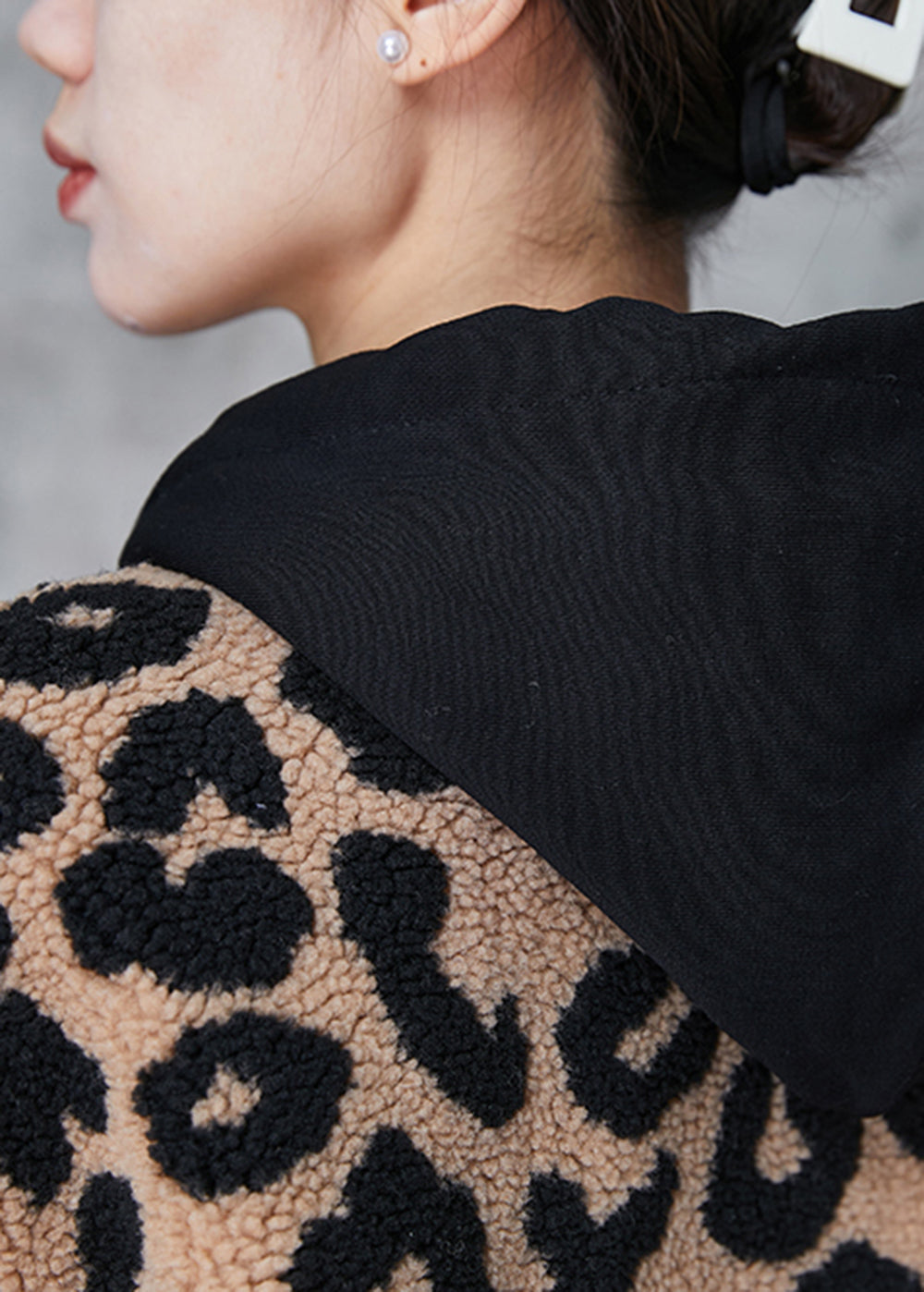 Khaki Hooded Leopard Print Fine Cotton Filled Faux Fur Coat Winter