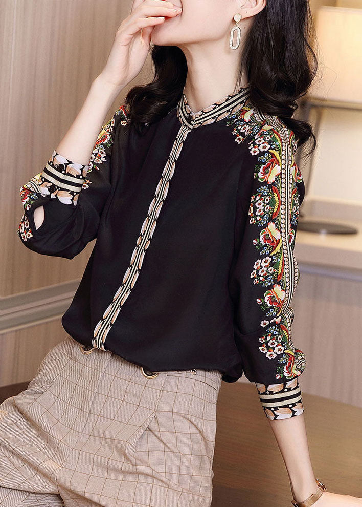 Black Stand Collar Print Chiffon Shirt Top Long Sleeve