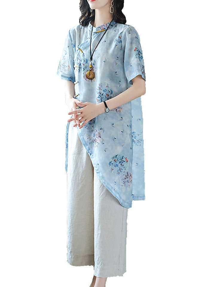Light Blue Mandarin Collar Asymmetrical Design Print Linen Tops and Pants 2 Piece Outfit Summer