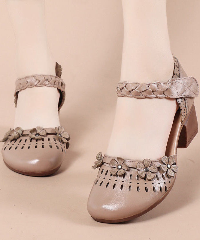 Apricot Cowhide Leather Sandals Hollow Out Buckle Strap