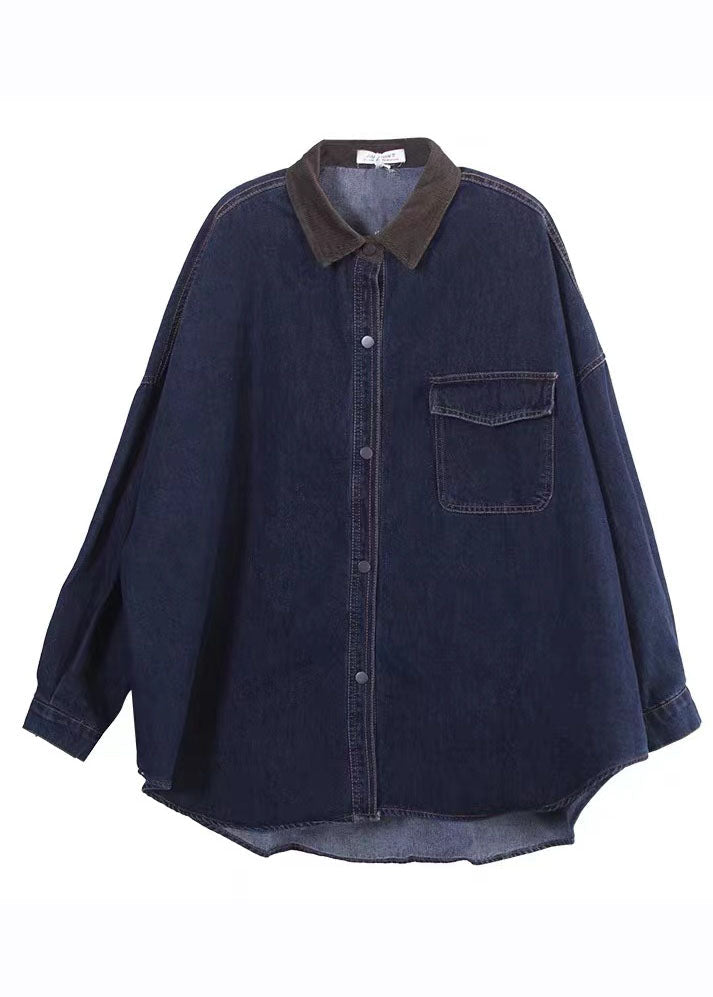 Navy Peter Pan Collar Patchwork Button Cozy Denim Shirts Fall