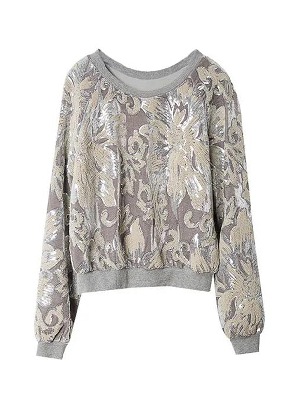 Handmade Grey O-neck Embroideried Sequins Velour Sweatshirt Fall