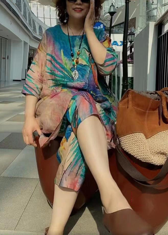 French Blue O-neck Butterfly Print Linen Two Piece Suit Set Half Sleeve