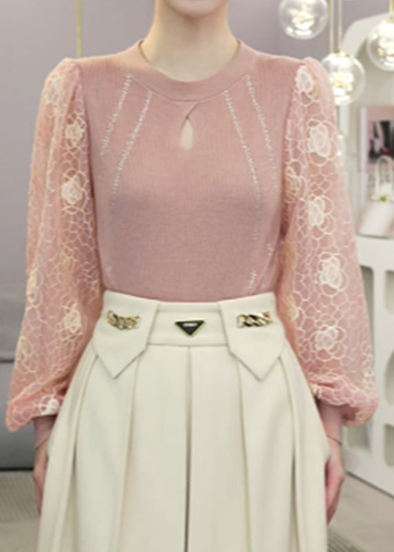 Pink Hollow Out Patchwork Knit Fake Two Piece Shirt Top Fall