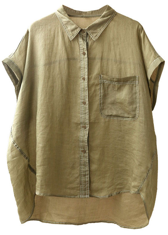 Modern Light Green Peter Pan Collar Pocket Color Blouses Short Sleeve